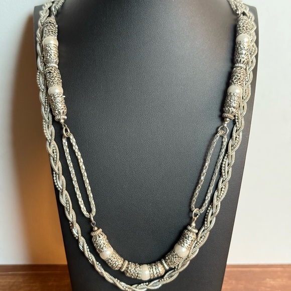 Silver Tone Chain and Faux Pearl layered Necklace with Organic Design - Picture 5 of 15